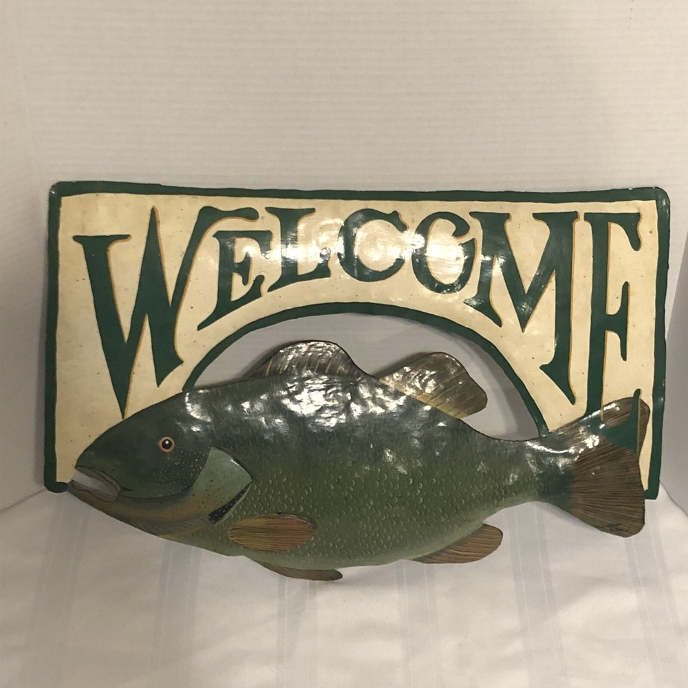 Hanging Metal WELCOME Sign FISH Bass Cabin Mancave Fishing Fisherman